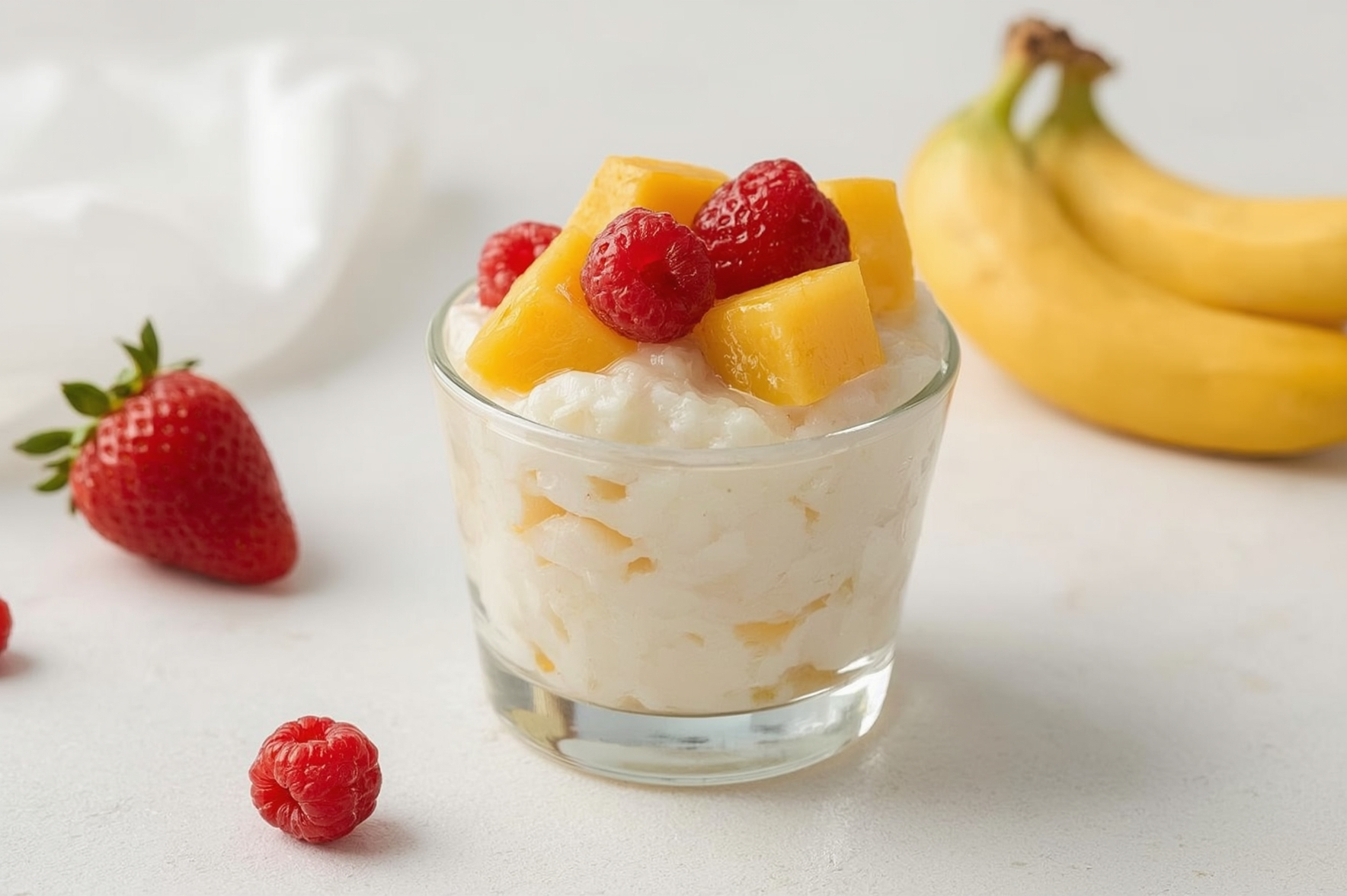 Pudín de chía con frutas frescas y frutos secos, servido en un vaso transparente