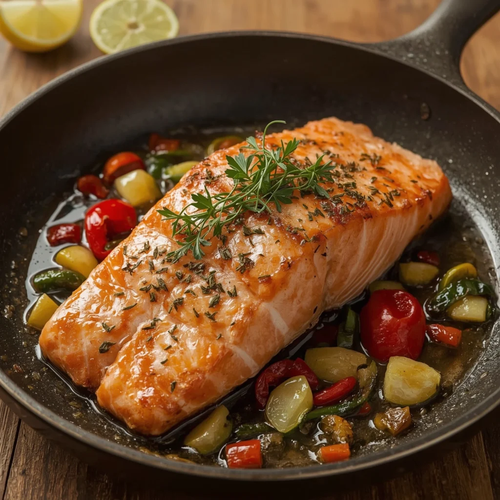 Salmón a la plancha con verduras frescas asadas y rodajas de limón, servido en un plato mediterráneo