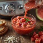 Gazpacho de sandía Thermomix servido en un cuenco blanco con hojas de menta