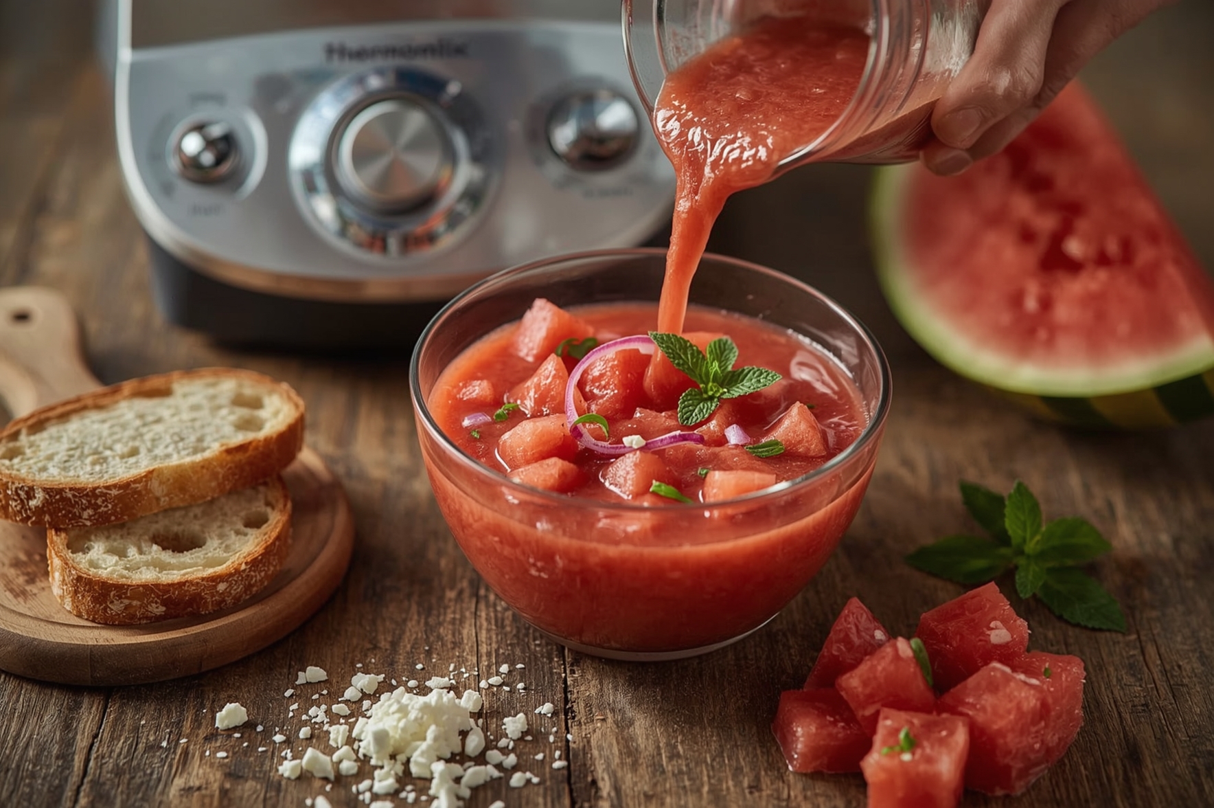 Gazpacho de sandía Thermomix servido en un cuenco blanco con hojas de menta