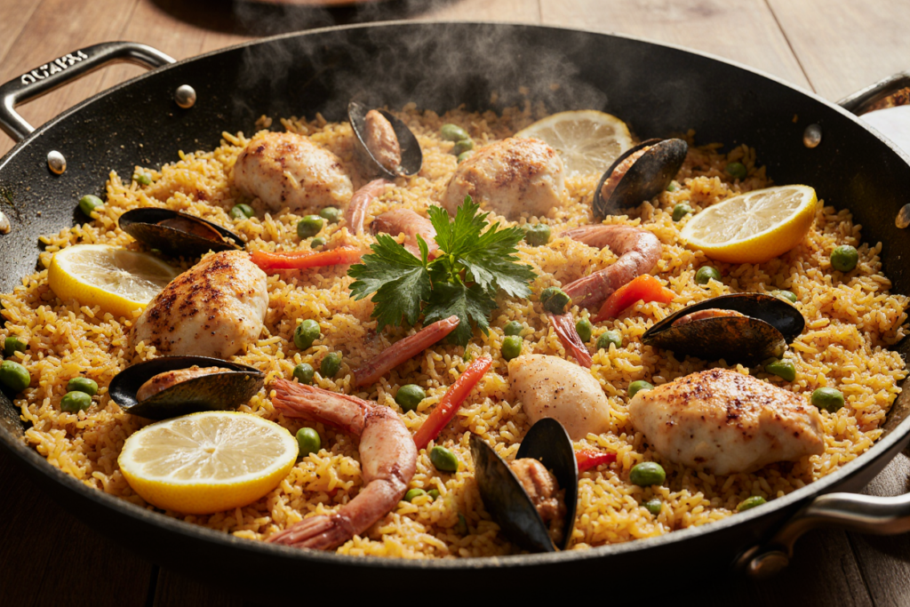 Paella mixta receta en paellera tradicional con arroz bomba dorado, pollo, conejo, camarones, mejillones, pimiento rojo y guisantes.