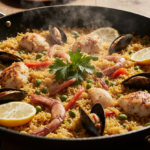 Paella mixta receta en paellera tradicional con arroz bomba dorado, pollo, conejo, camarones, mejillones, pimiento rojo y guisantes.