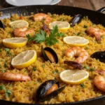 Paella mixta tradicional con camarones, mejillones y pollo