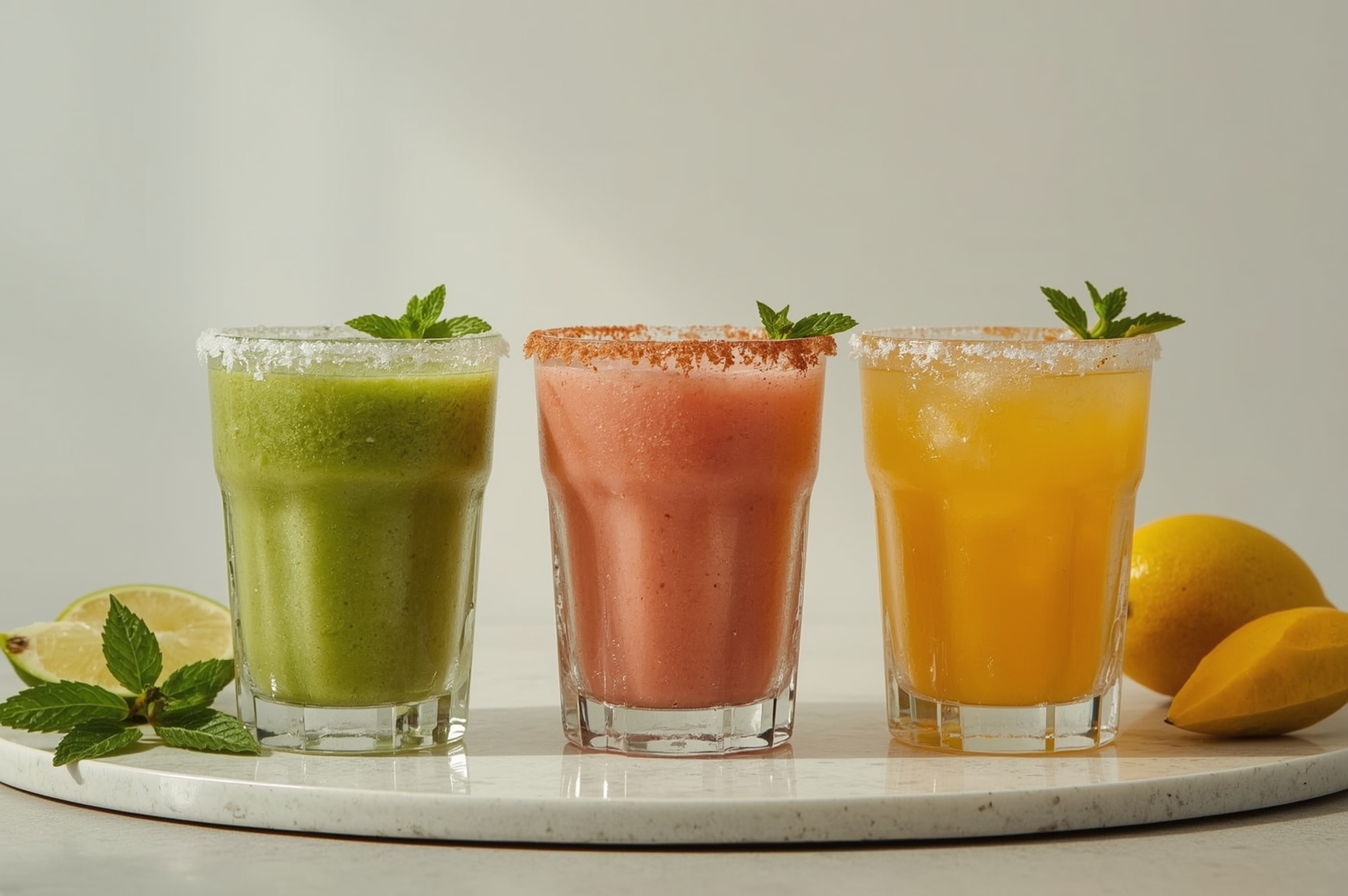 Batido detox vibrante en vaso alto de cristal con espinacas, pepino, manzana verde, jengibre y semillas de chía