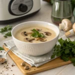 Crema de champiñones Thermomix servida en cuenco blanco