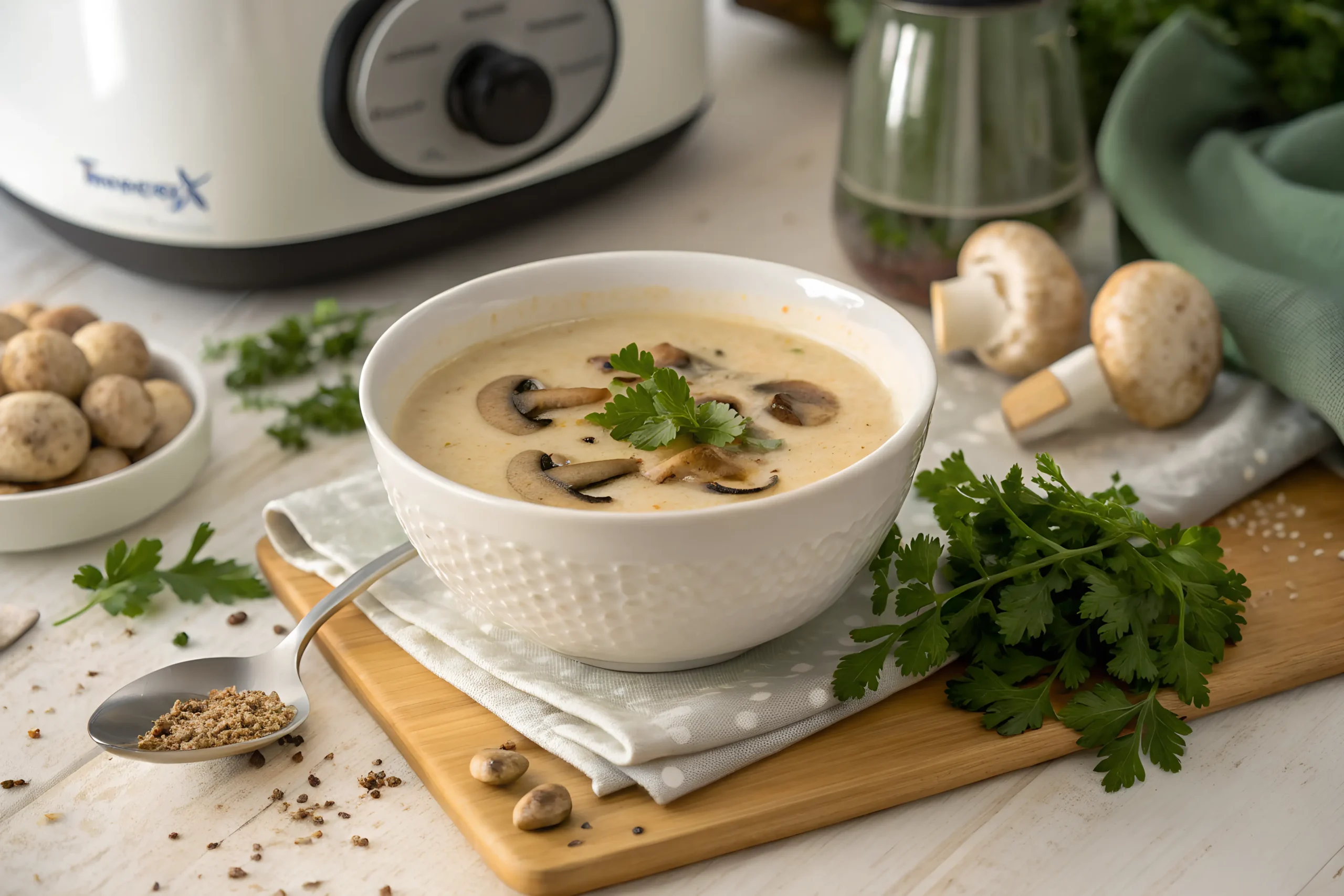 Crema de champiñones Thermomix servida en cuenco blanco