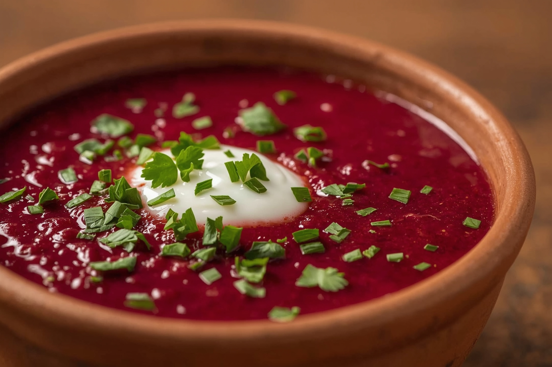 Flat lay de gazpacho de remolacha tradicional con dados de pepino y hojas de albahaca