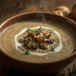 Tazón de crema de champiñones gourmet con textura aterciopelada y perejil fresco