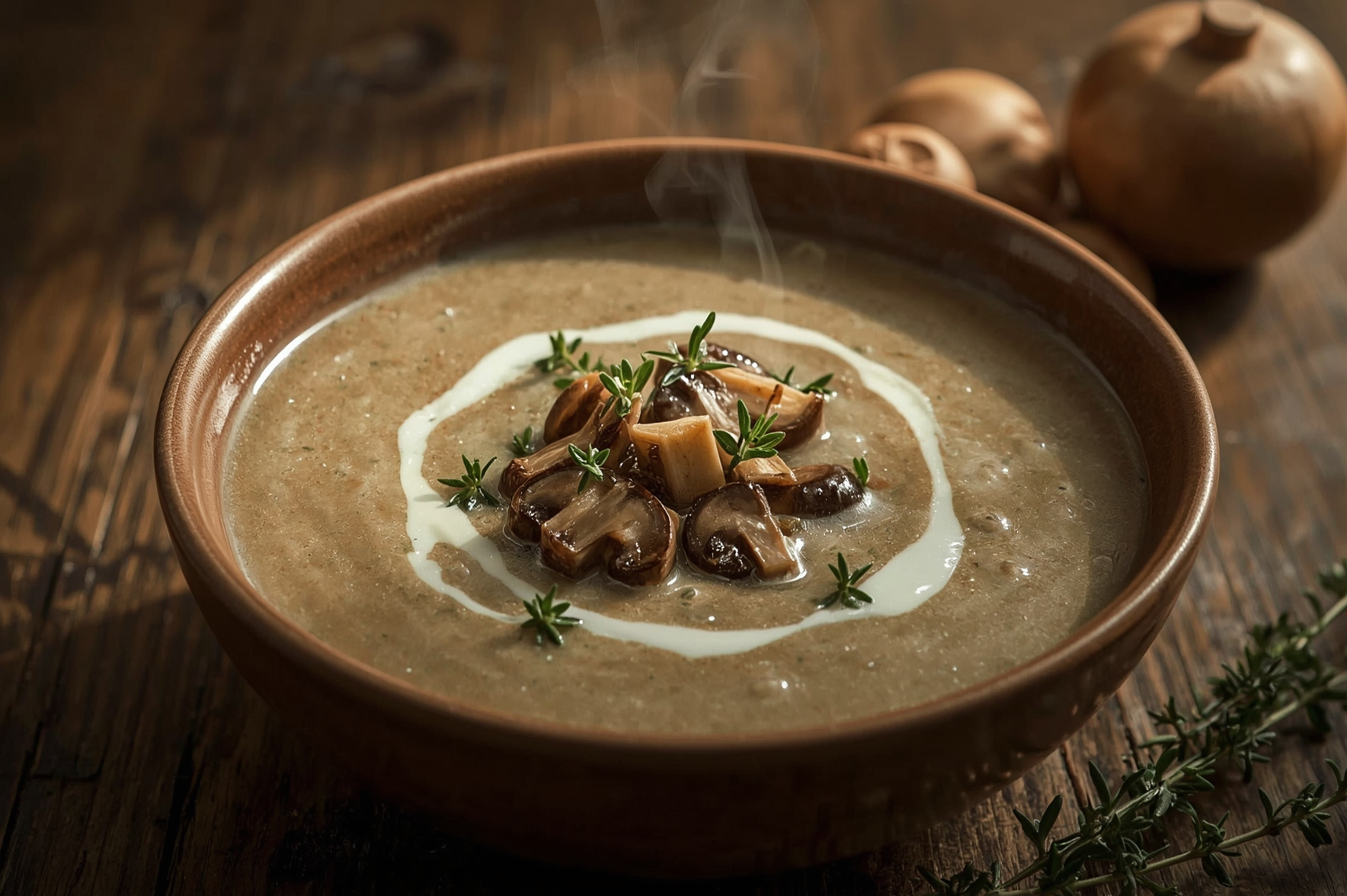 Tazón de crema de champiñones gourmet con textura aterciopelada y perejil fresco