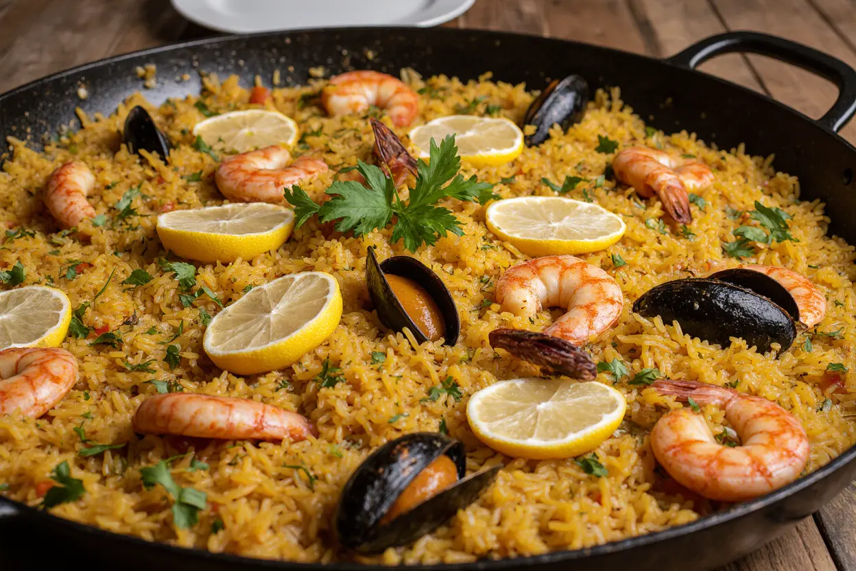 Paella mixta tradicional con camarones, mejillones y pollo