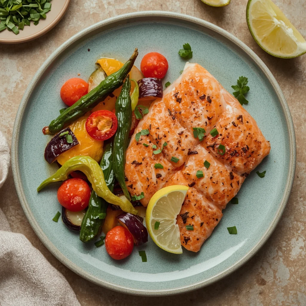 Salmón a la plancha con verduras frescas asadas y rodajas de limón, servido en un plato mediterráneo