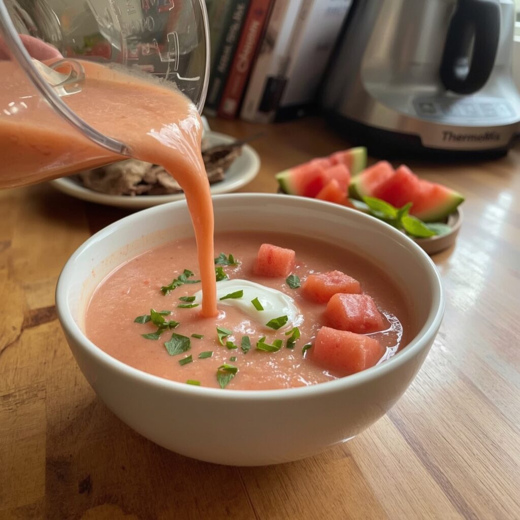 Gazpacho de sandía Thermomix servido en un cuenco blanco con hojas de menta