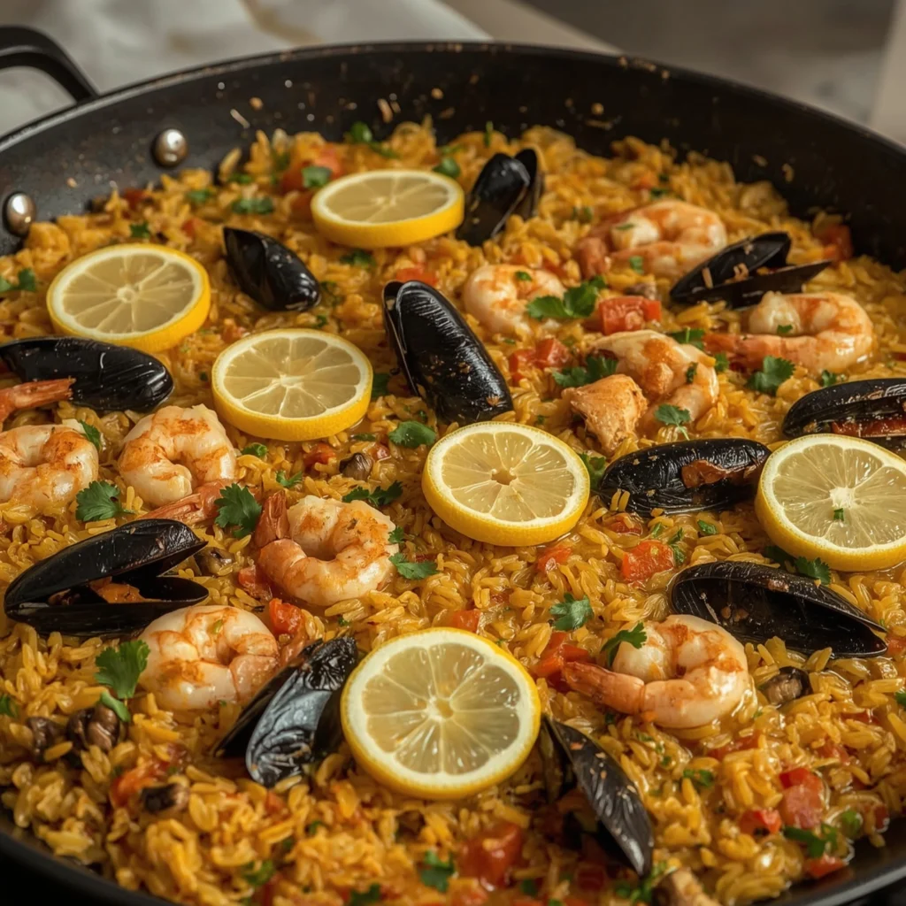Vista aérea de paella mixta con mariscos y arroz