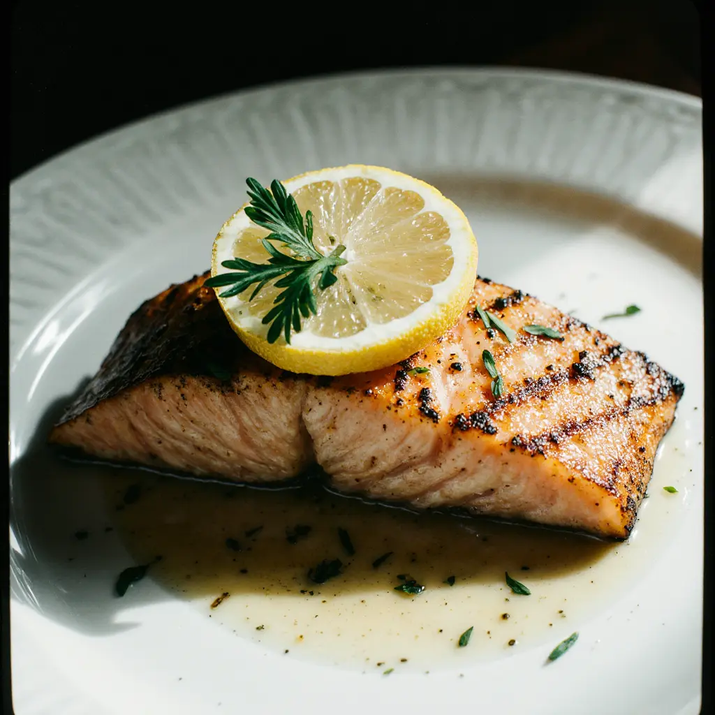 Filete de salmón a la plancha jugoso acompañado de espárragos al vapor y rodajas de limón