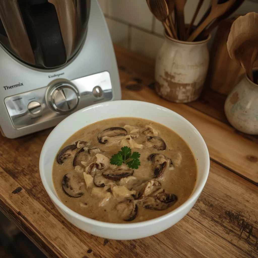 Crema de champiñones Thermomix servida en cuenco blanco