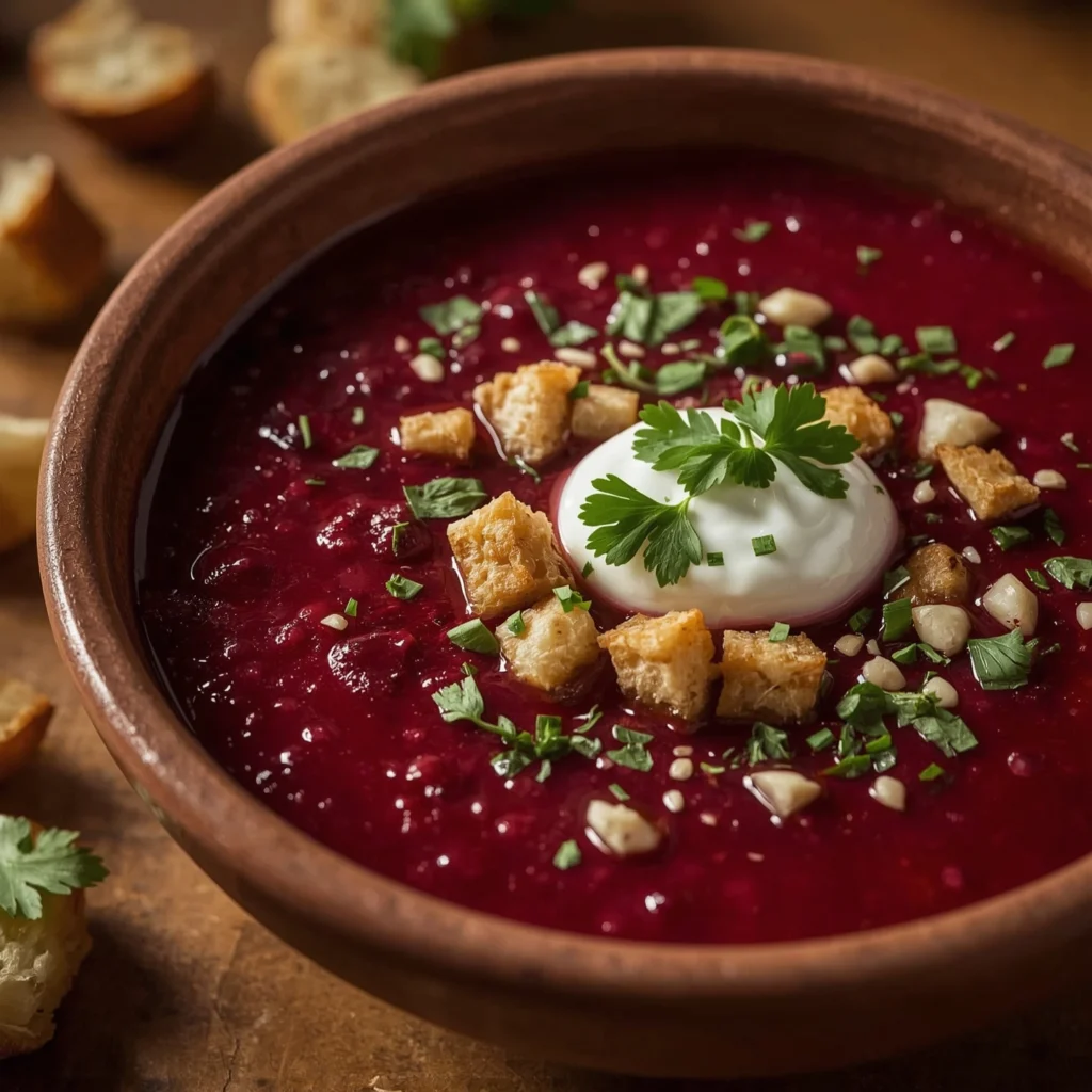 Flat lay de gazpacho de remolacha tradicional con dados de pepino y hojas de albahaca