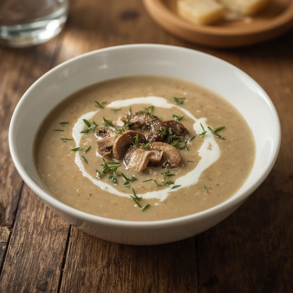 Tazón de crema de champiñones gourmet con textura aterciopelada y perejil fresco