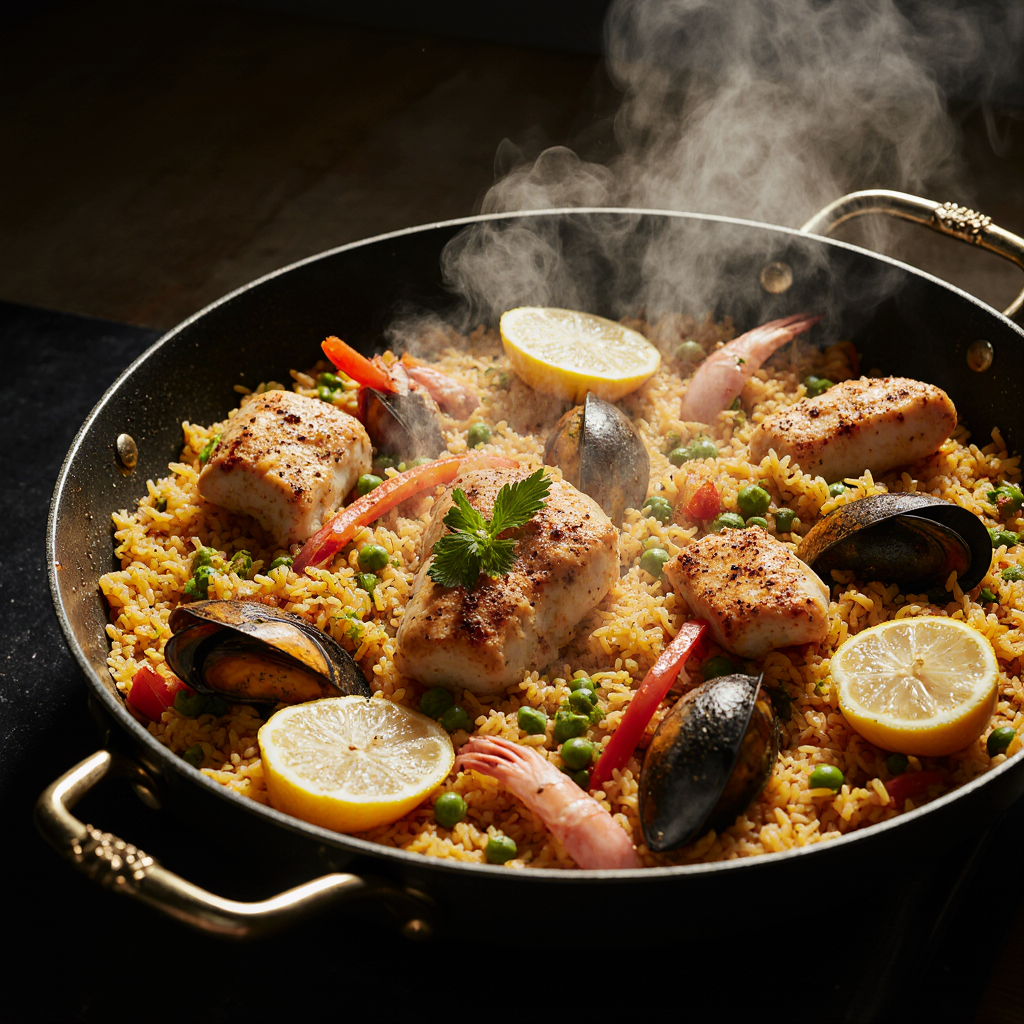 Paella mixta receta en paellera tradicional con arroz bomba dorado, pollo, conejo, camarones, mejillones, pimiento rojo y guisantes.
