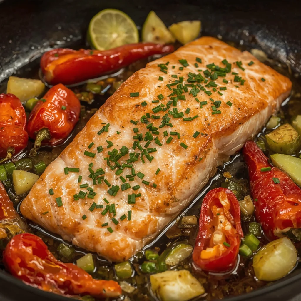 Salmón a la plancha con verduras frescas asadas y rodajas de limón, servido en un plato mediterráneo
