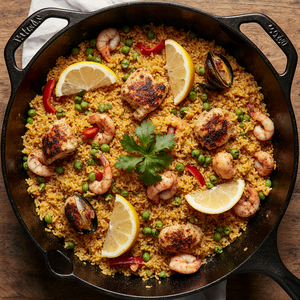 Paella mixta receta en paellera tradicional con arroz bomba dorado, pollo, conejo, camarones, mejillones, pimiento rojo y guisantes.