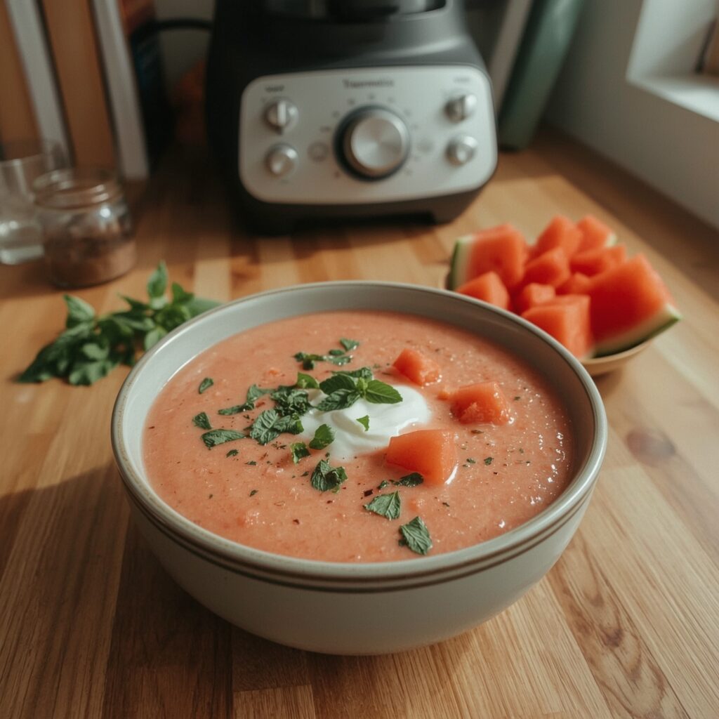 Gazpacho de sandía Thermomix servido en un cuenco blanco con hojas de menta