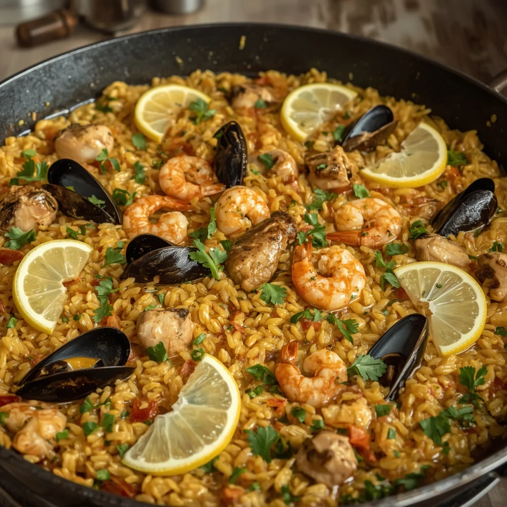 Vista aérea de paella mixta con mariscos y arroz