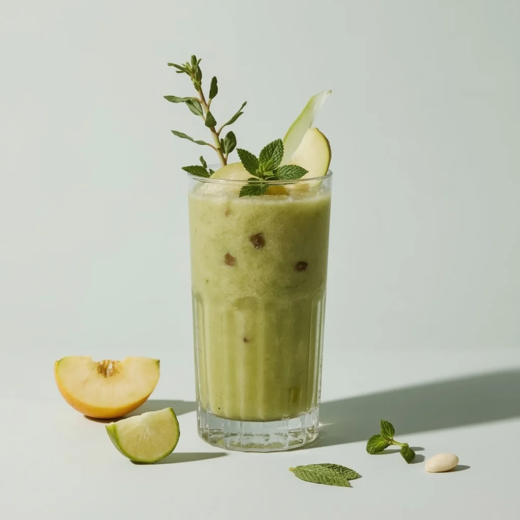  Batido detox vibrante en vaso alto de cristal con espinacas, pepino, manzana verde, jengibre y semillas de chía