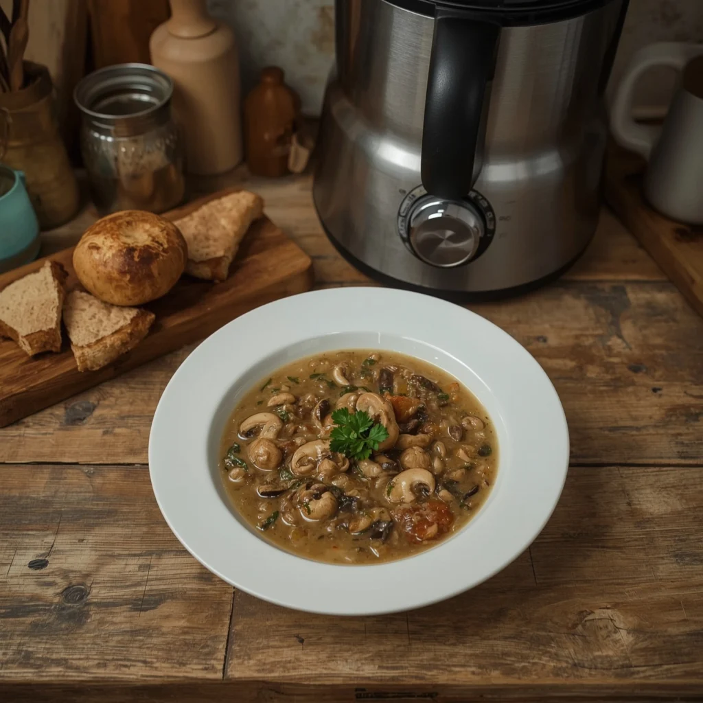 Crema de champiñones Thermomix servida en cuenco blanco