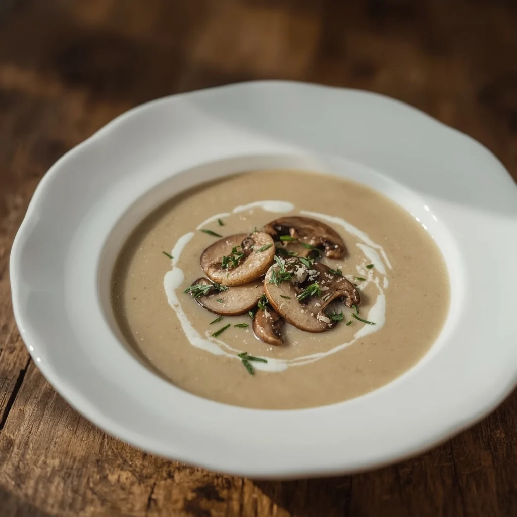 Tazón de crema de champiñones gourmet con textura aterciopelada y perejil fresco
