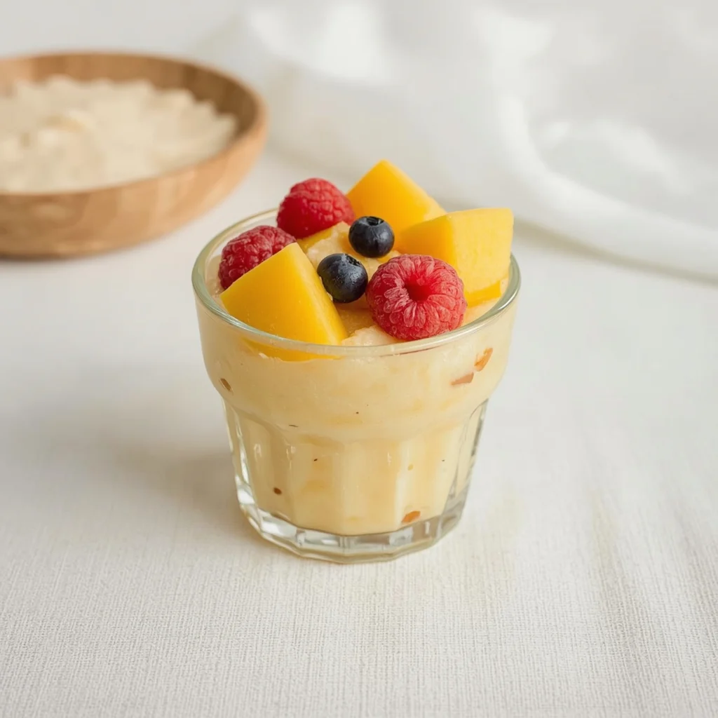 Pudín de chía con frutas frescas y frutos secos, servido en un vaso transparente

