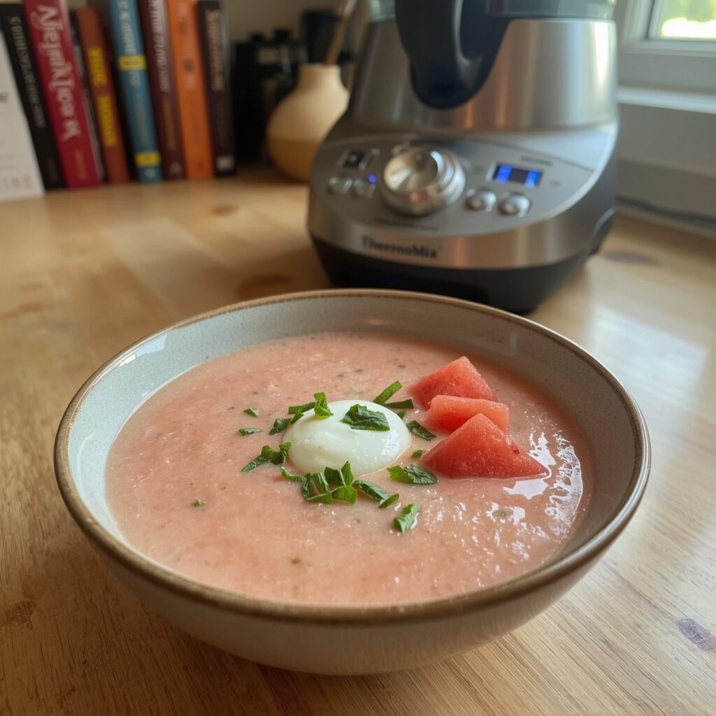 Gazpacho de sandía Thermomix servido en un cuenco blanco con hojas de menta