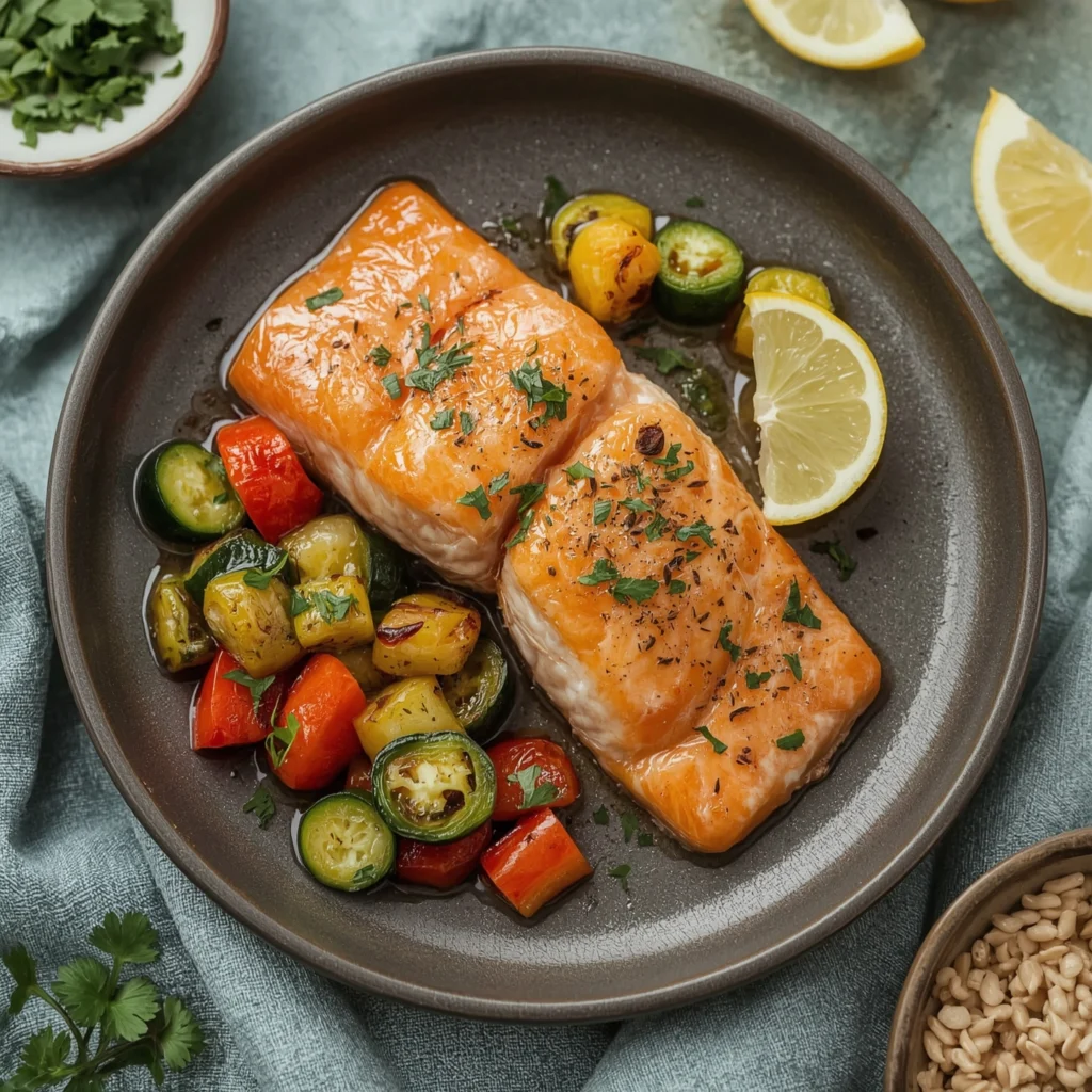 Salmón a la plancha con verduras frescas asadas y rodajas de limón, servido en un plato mediterráneo