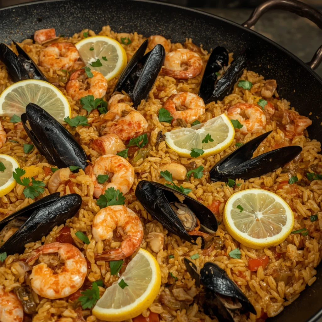 Vista aérea de paella mixta con mariscos y arroz
