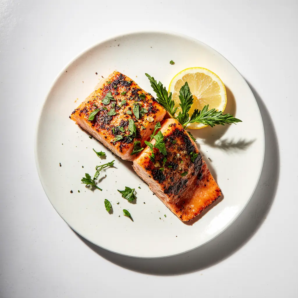 Filete de salmón a la plancha jugoso acompañado de espárragos al vapor y rodajas de limón