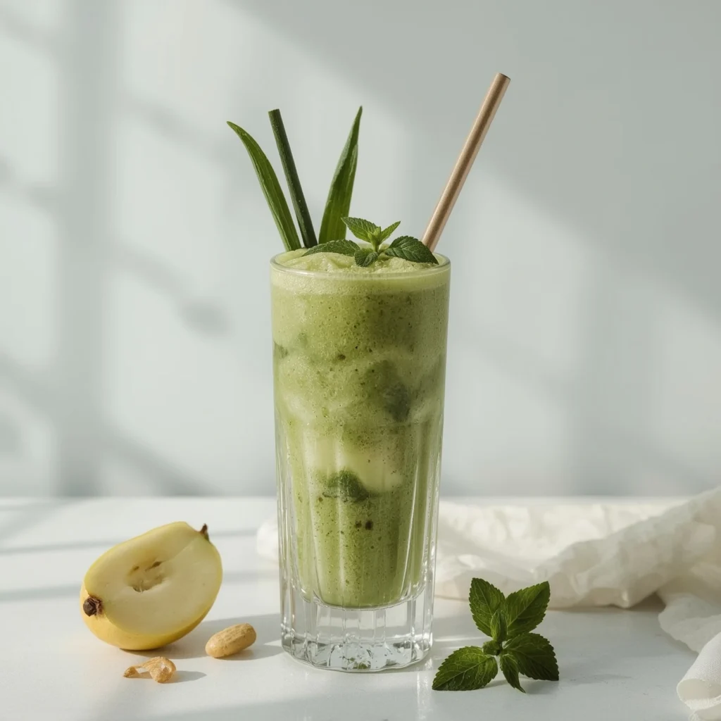  Batido detox vibrante en vaso alto de cristal con espinacas, pepino, manzana verde, jengibre y semillas de chía