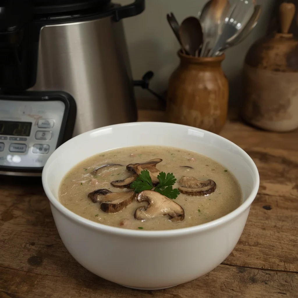 Crema de champiñones Thermomix servida en cuenco blanco