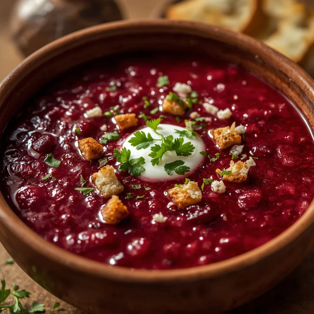Flat lay de gazpacho de remolacha tradicional con dados de pepino y hojas de albahaca