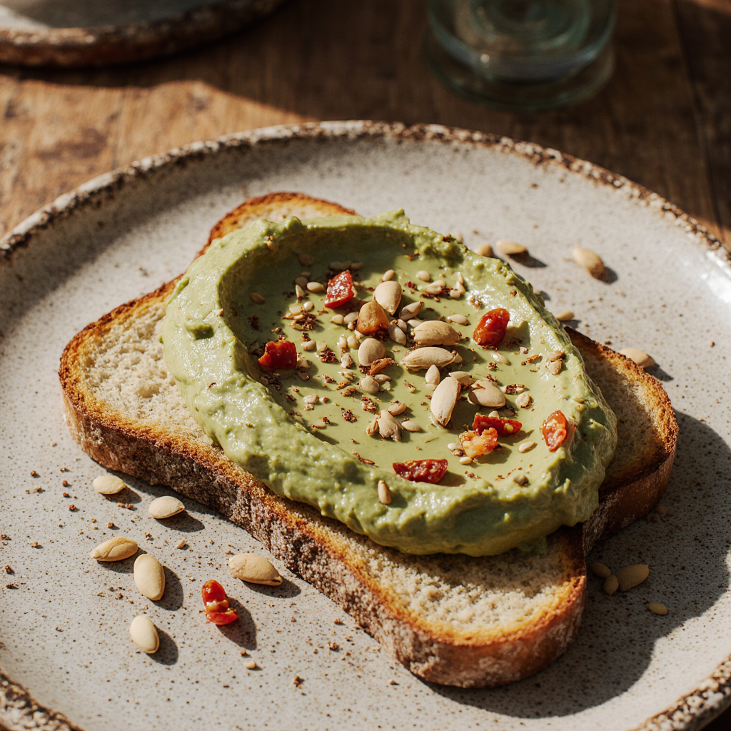 Primer plano de tostado de aguacate cremoso con hojuelas de chile
