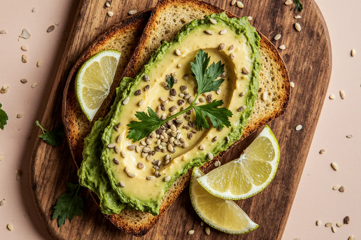 Tostado de aguacate rústico sobre tabla de madera