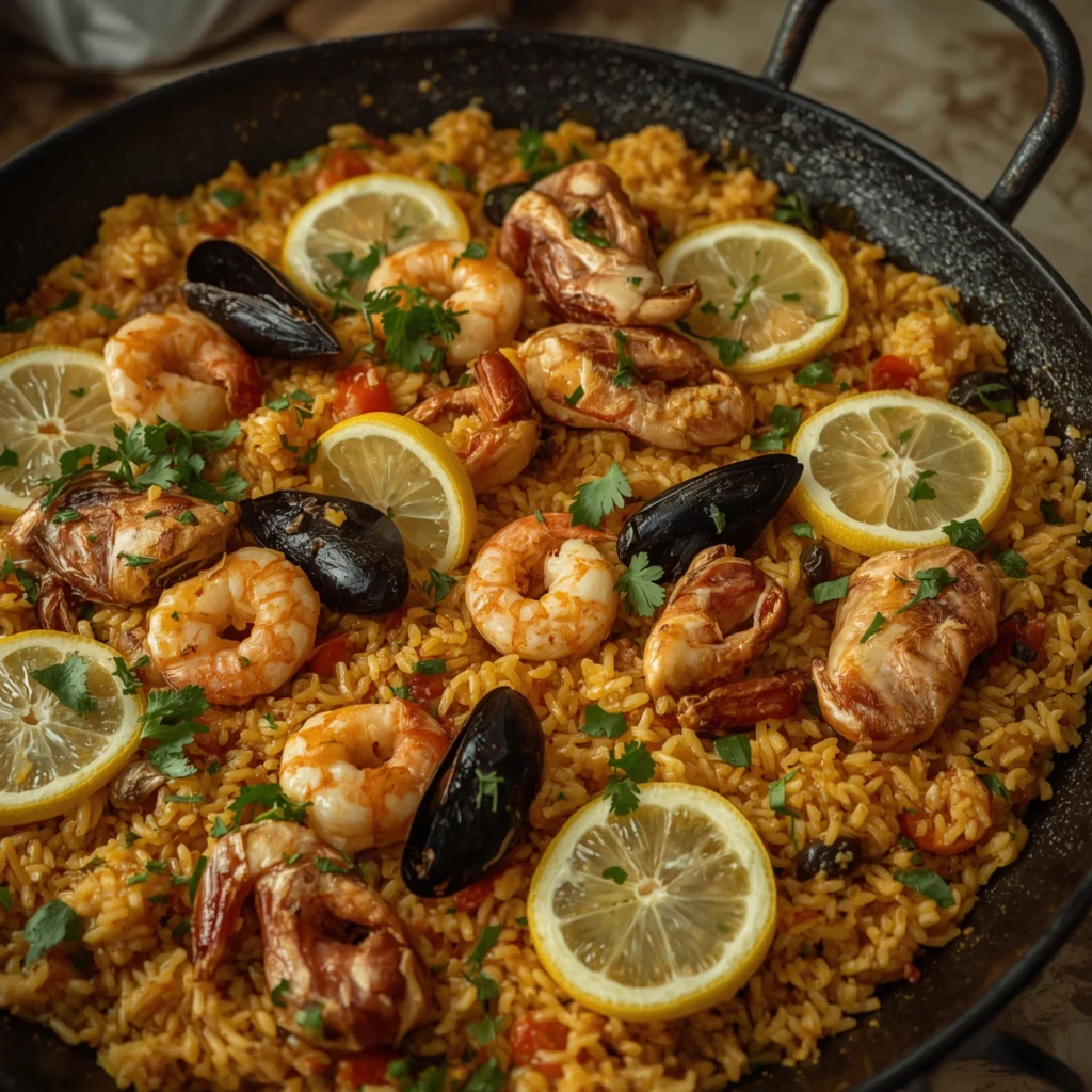 Vista aérea de paella mixta con mariscos y arroz