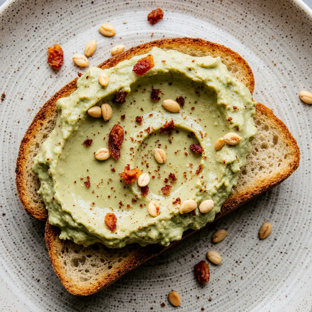 Tostado de aguacate con huevo pochado en plato blanco