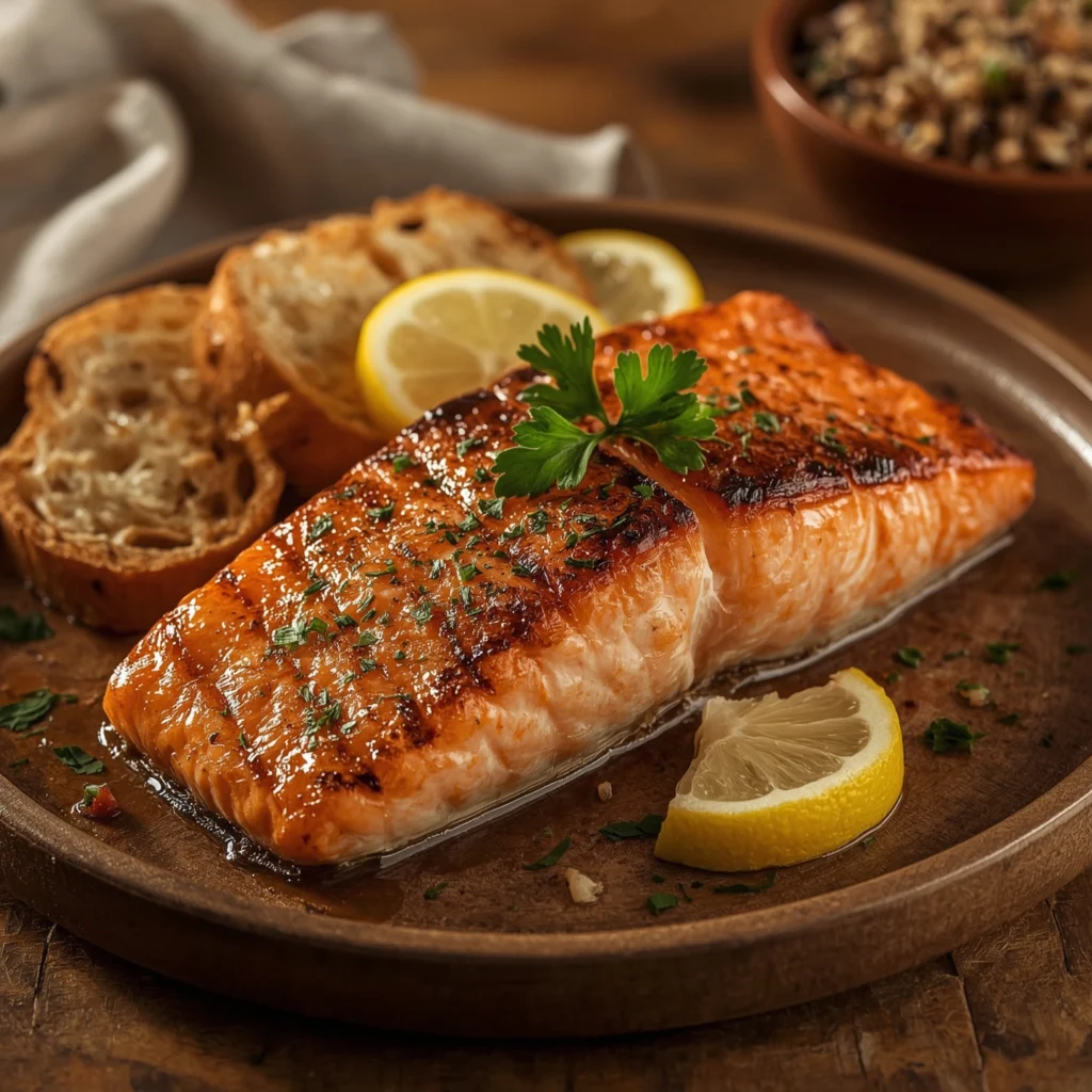 Filete de salmón a la plancha jugoso acompañado de espárragos al vapor y rodajas de limón