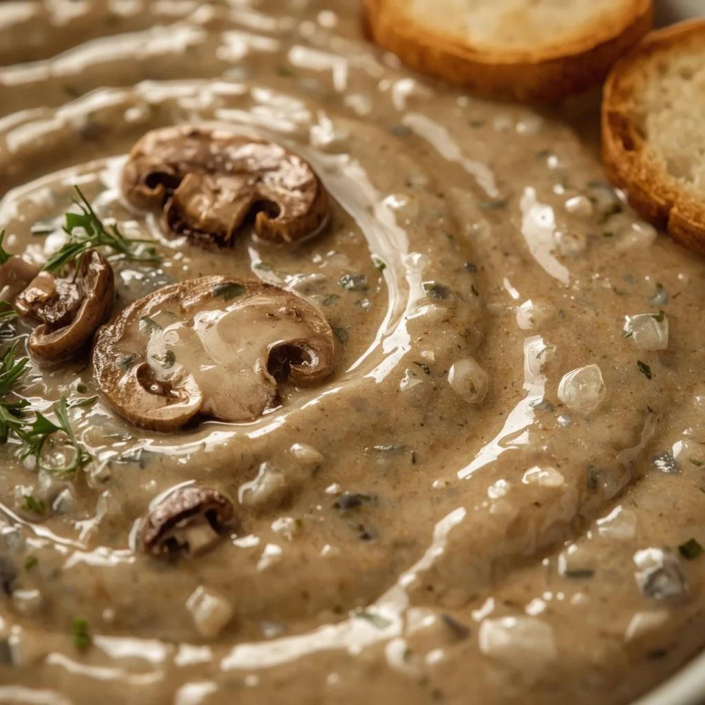 Tazón de crema de champiñones gourmet con textura aterciopelada y perejil fresco