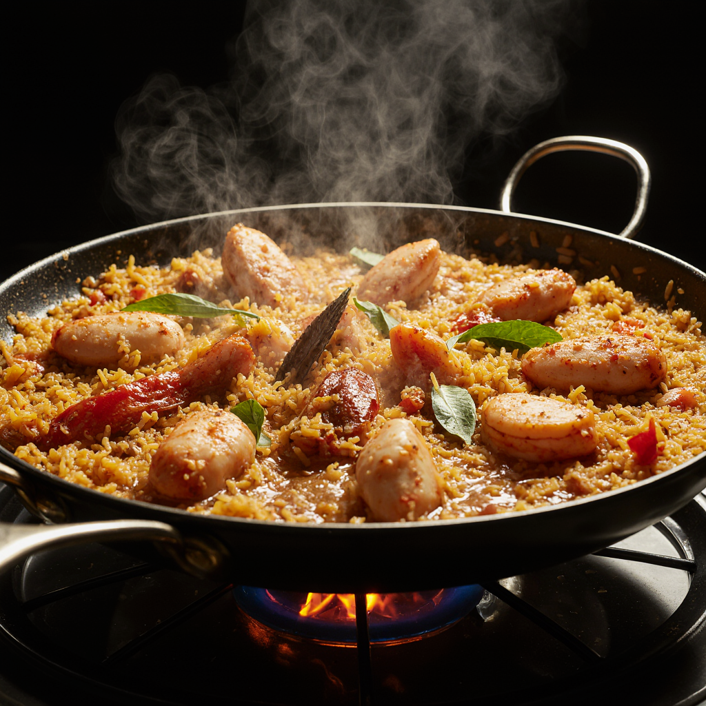 Paella mixta receta en paellera tradicional con arroz bomba dorado, pollo, conejo, camarones, mejillones, pimiento rojo y guisantes.