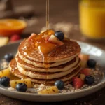 Panqueques de avena esponjosos con frutas y sirope de arce