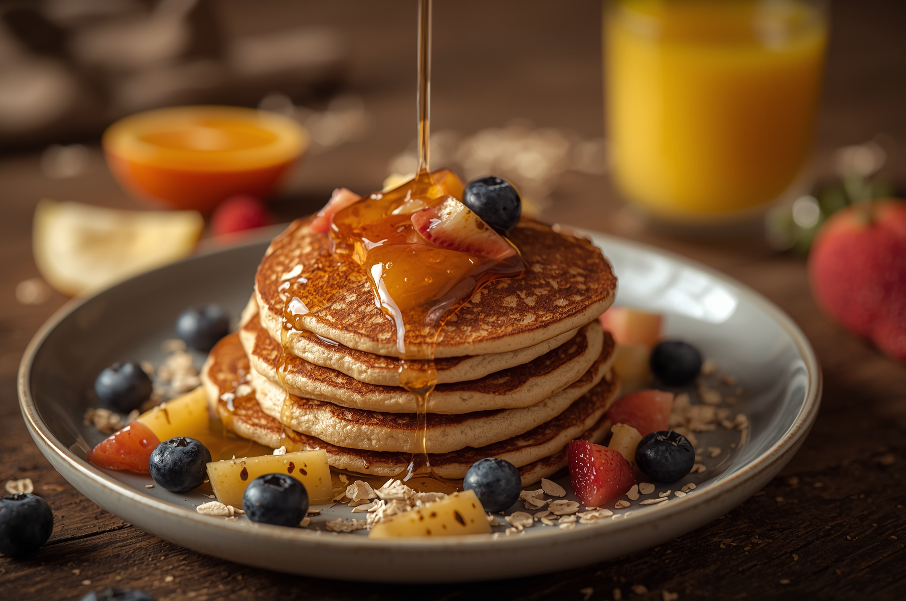 Panqueques de avena esponjosos con frutas y sirope de arce
