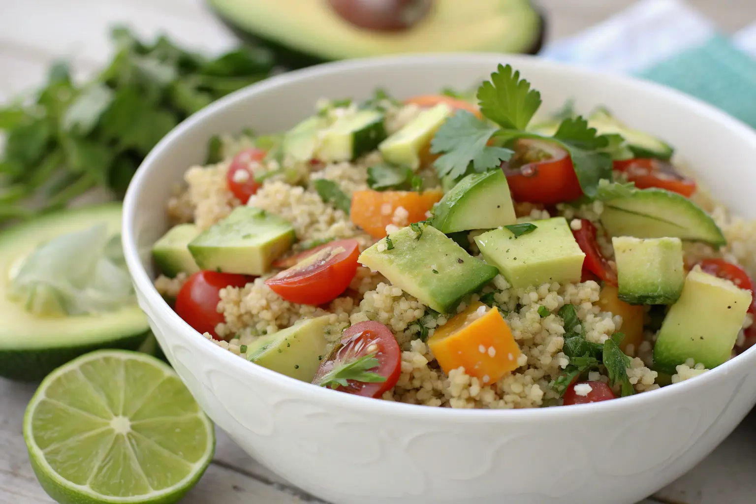 Ensalada de quinoa y aguacate servida en bol, con tomate cherry y pepino