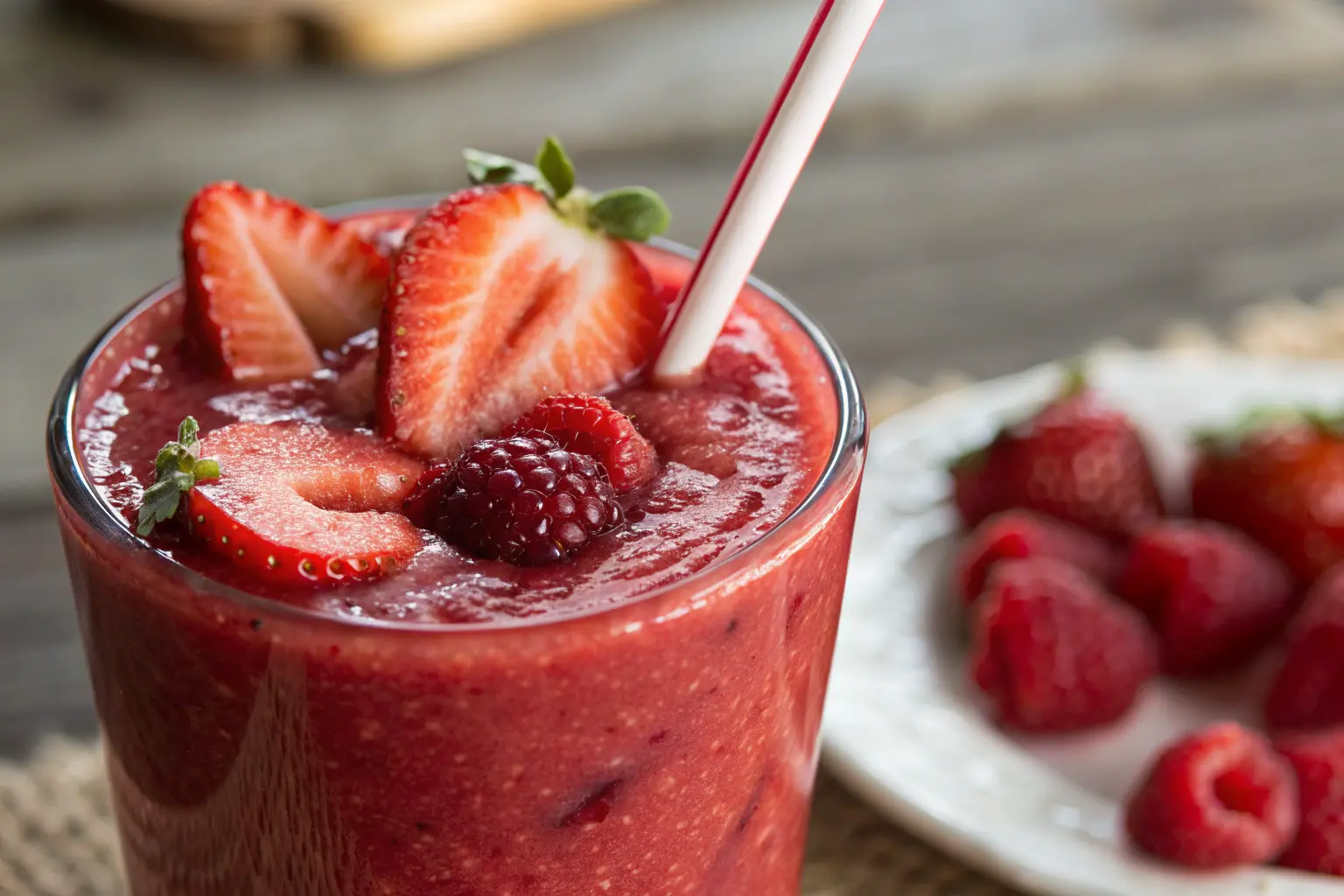 Vaso alto con smoothie de frutos rojos cremoso, decorado con fresas, arándanos y frambuesas frescas.