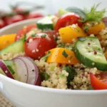 Ensalada de Quinoa Receta servida en bol de cerámica con aguacate y tomate