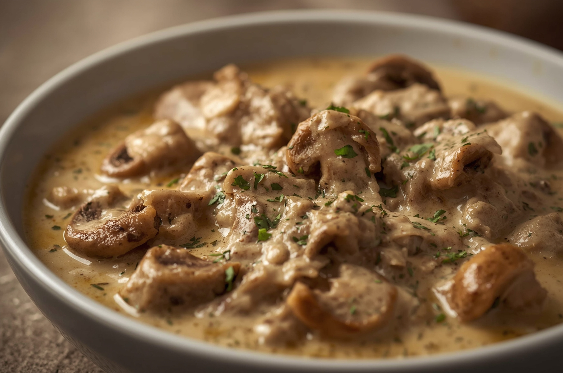 Crema de champiñones receta de la abuela en cuenco rústico con perejil
